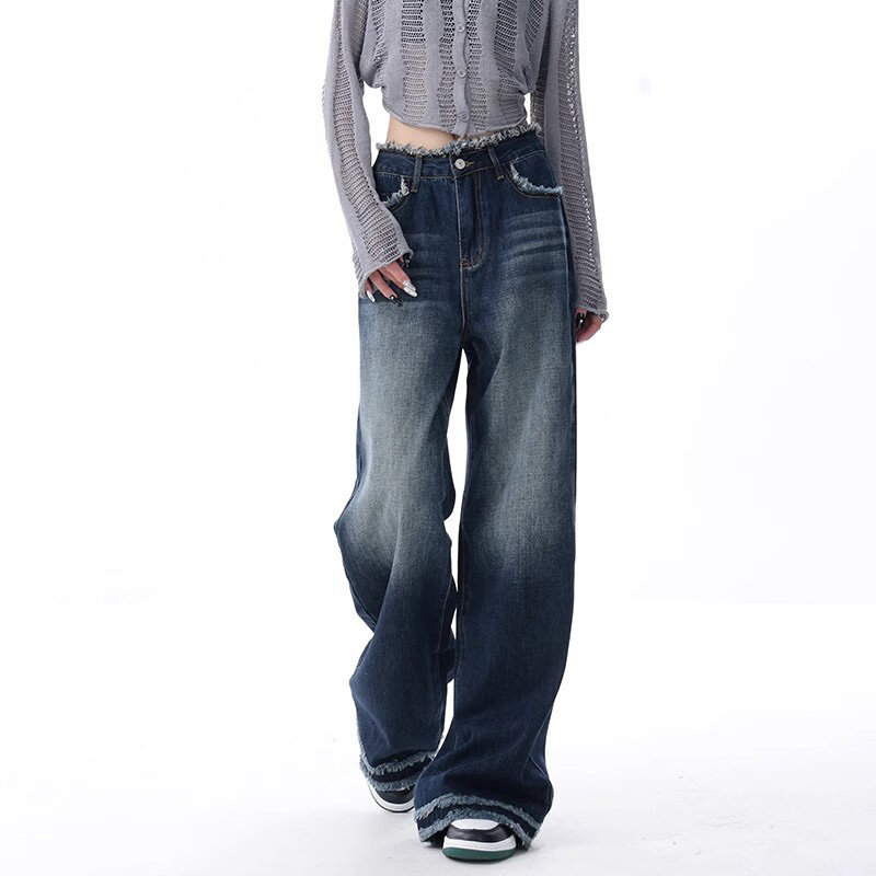 Harajuku Jeans pinggang tinggi wanita, celana Jin longgar Hip-hop kaki lebar lurus musim gugur musim dingin Y2K