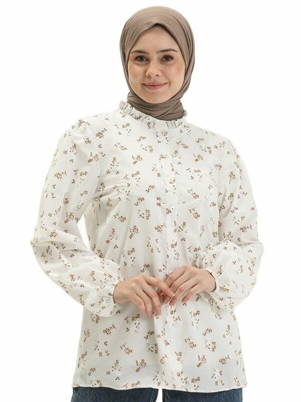프릴 칼라 긴팔 버튼 꽃 무늬 셔츠, 사계절 무슬림 여성 패션, 터키 아랍 이슬람 스타일리시