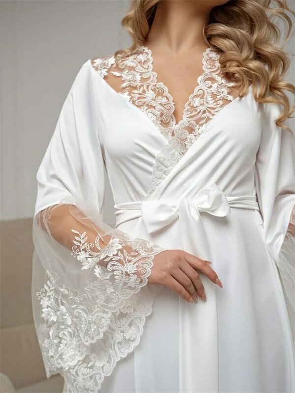 Элегантный кружевной халат для невесты на свадьбу, сексуальное мягкое атласное платье для невесты с расклешенными рукавами, женское Ночное Платье Gwon 2024