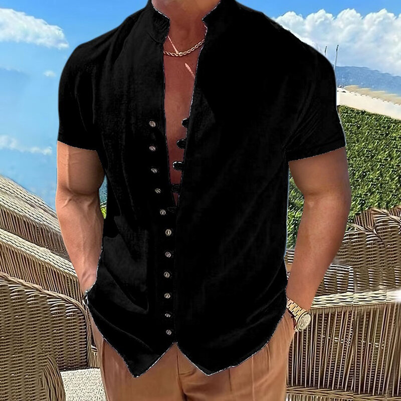 Camisa de linho de algodão com gola alta masculina, blusa sólida de peito único, manga curta, solta, casual, retrô, verão