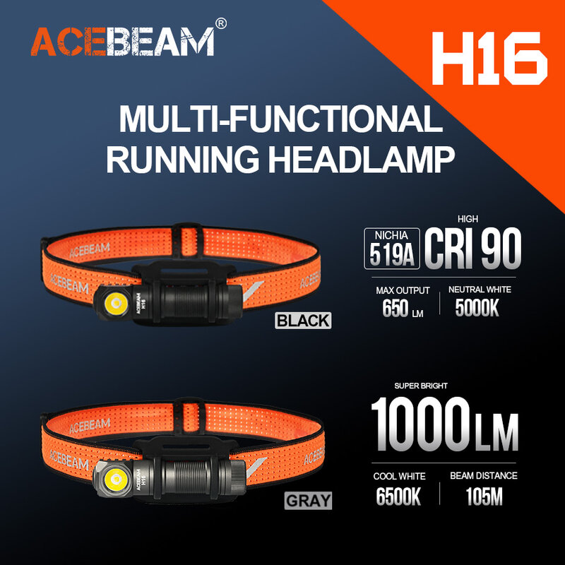 ACEBEAM 초경량 AA LED 직각 조명, EDC 손전등, 5000K CRI 90, 6500K 1000 루멘, H16