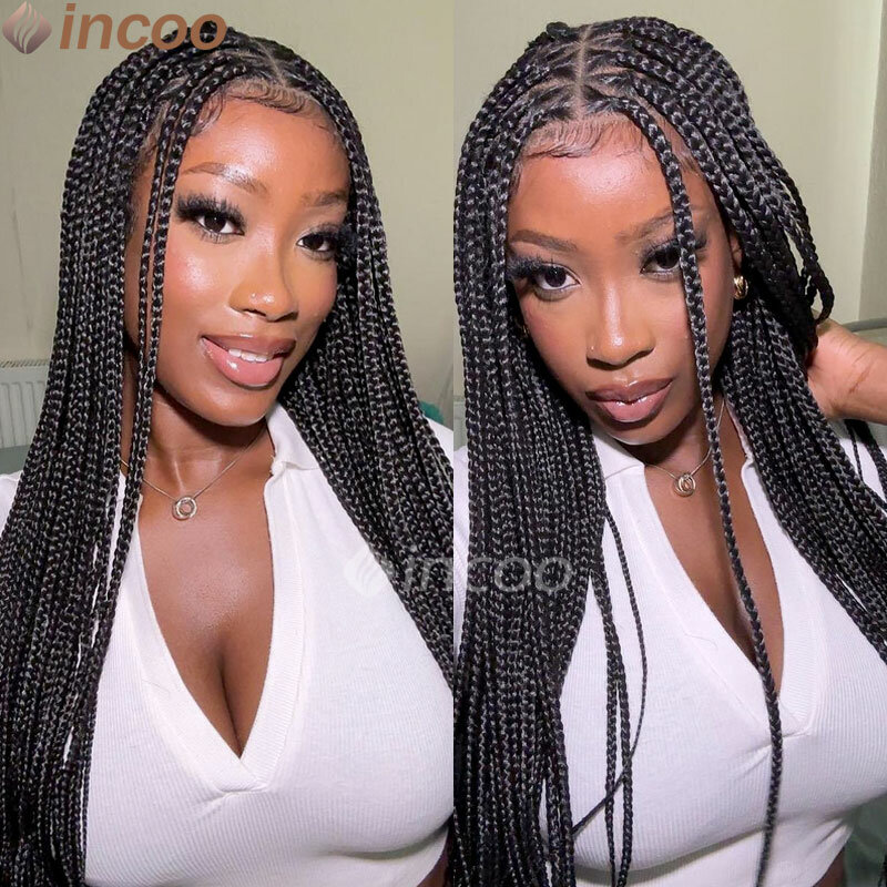 36inch Full Lace Box Braided Wigs for Black Women Knotless Braids Lace Front Wig Synthetic Braid Lace Frontal Wig with Baby Hair