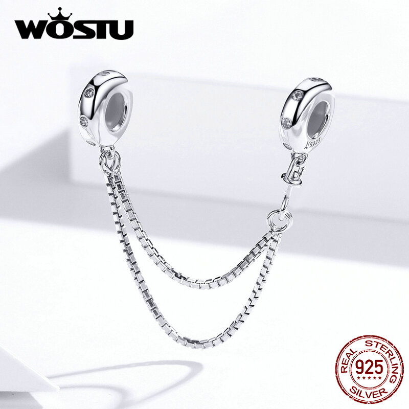 WOSTU 925 Sterling Silver Pave CZ Safety Chain Hand in Hands Pendants Fit Original Bracelet Bangles DIY Jewelry Accessories