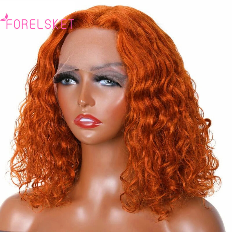 Ginger Orange Curly Bob Lace Front Wig, Pré-Arrancado, Cabelo de bebê, 150% Remy, Glueless, Perfeito para criar aparência natural