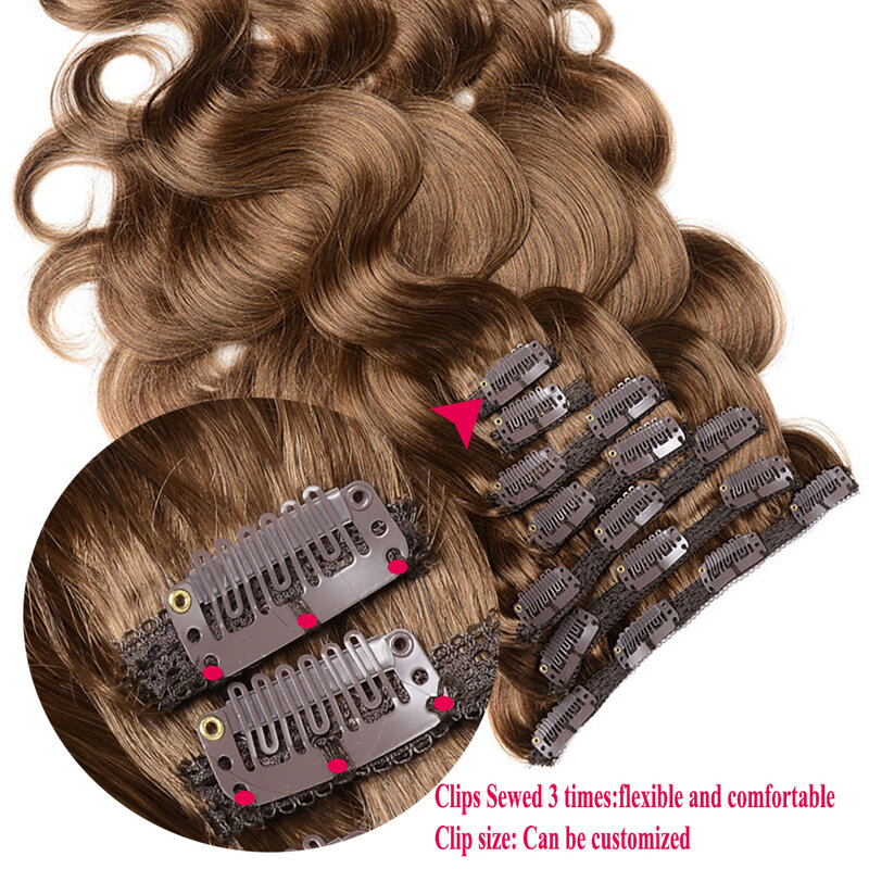 Honingbruin 8 # Body Wave Golvende Krul Clip In Hair Extensions 100% Braziliaanse Menselijke Haarclips Op Dubbele Inslag Duurzame Haarstukjes