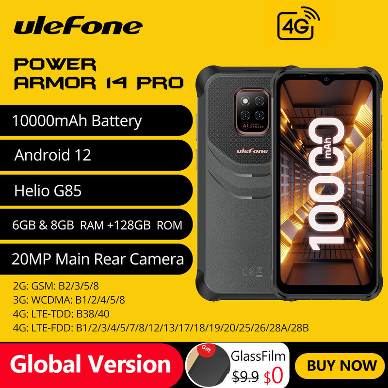 جوّال المهامّ الوعرة Ulefone Power Armor 14 Pro 10000mAh أندرويد 12 الهواتف المحمولة NFC Global 6GB RAM 128GB ROM 2.4G/5G WLAN الهاتف الذكي