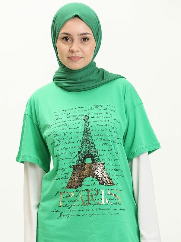 باريس مطبوعة التي شيرت عادي كم طويل القطن البلوز صفر طوق الصيف النساء المسلمات بلوزة موسمية Sweatproof