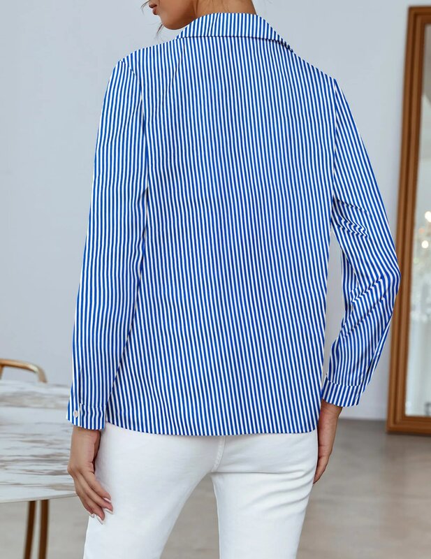قميص نسائي كلاسيكي مطبوع بأزرار مخطط وأكمام طويلة ، بلوزات زرقاء ، ملابس نسائية صيفية ، موضة ، 5XL ، مناسب ،