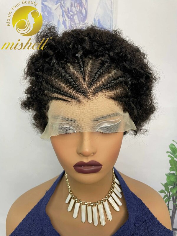 250% Density Afro Kinky Curly Human Hair Wigs with Braids 13x4 Transparent Lace Short Bouncy Curly Bob Wig for Women PrePlucked