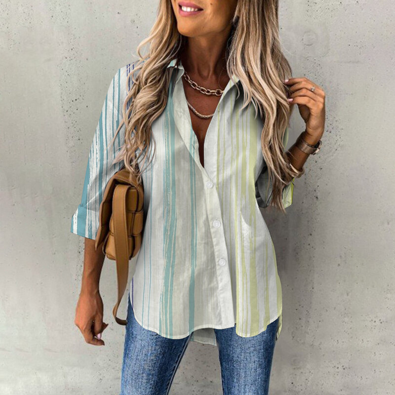 Fashion Office Lady Button Up Down Shirts Spring Long Sleeve Gradient Blouse Tops Vintage Polo Collar Shirts Clothes For Girls