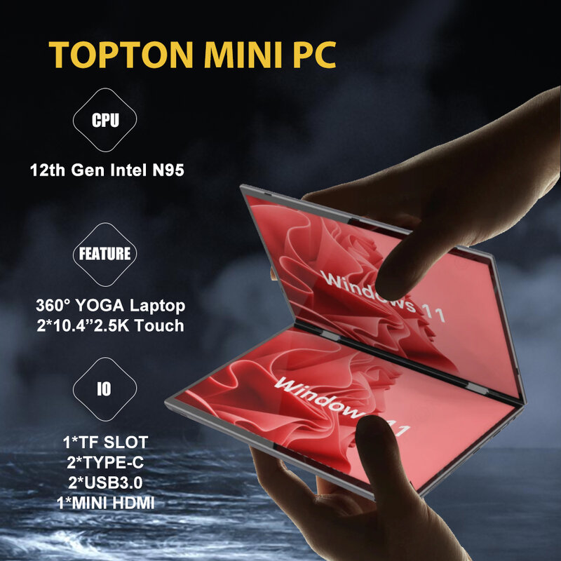 Pocket Dual Touch Screen 10.5 Inch 360°Portable Foldable Monitor 1080P FHD IPS 12th Gen Intel N95 2*USB3.0 2*Type-C 1*Mini Hdmi