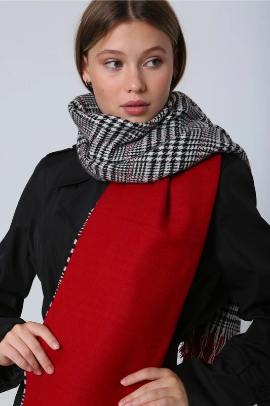 Women's Scarf Shawl Red Double Sided Goose Feet Patterned Scarf Shawl 70x185 cm