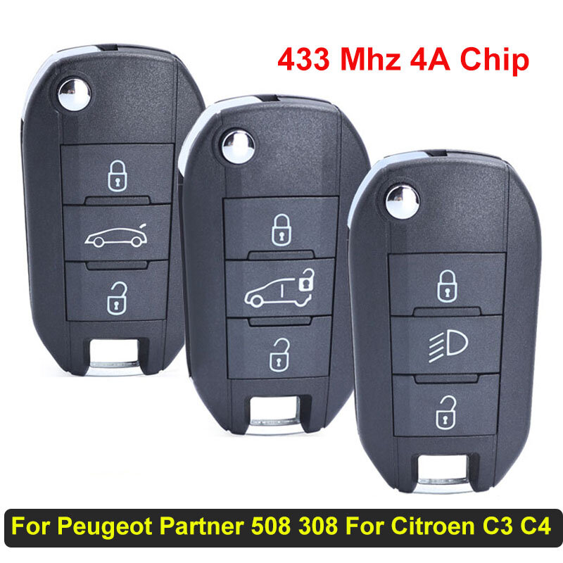 Flip Remote Key Fob, Puce 4A pour KIT Partner 433, 508 Tiges, Cristaux, en DisTecC3 C4 Pantum, pour Opel, Sachet, 308 MHz