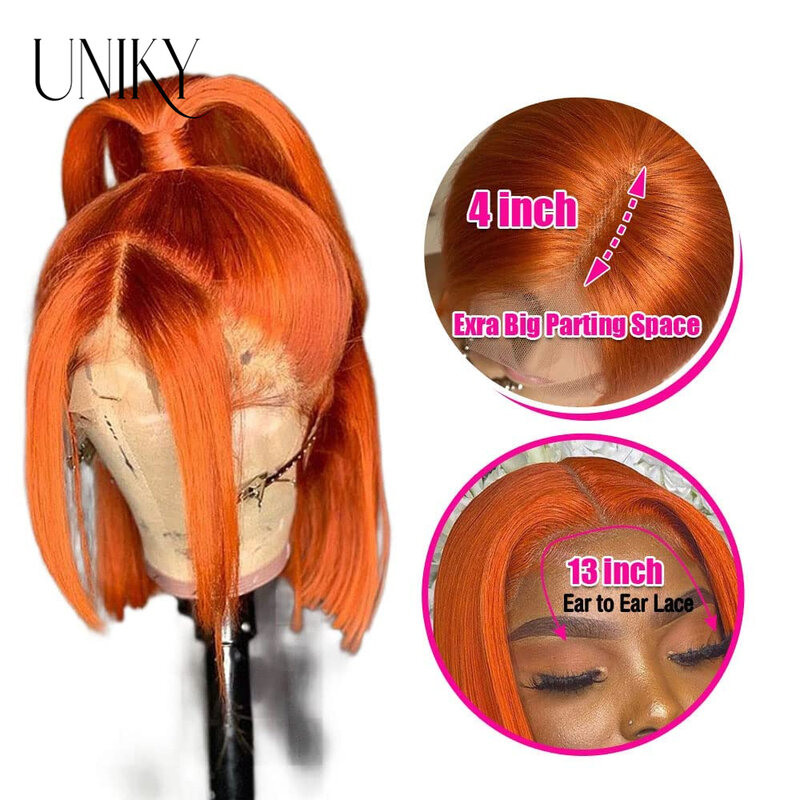 Short Bob Frontal Wigs For Women Ginger Orange Straight 150 Density Pre-Plucked Lace 13x4 T Part Lace Front Human Hair Bob Wig