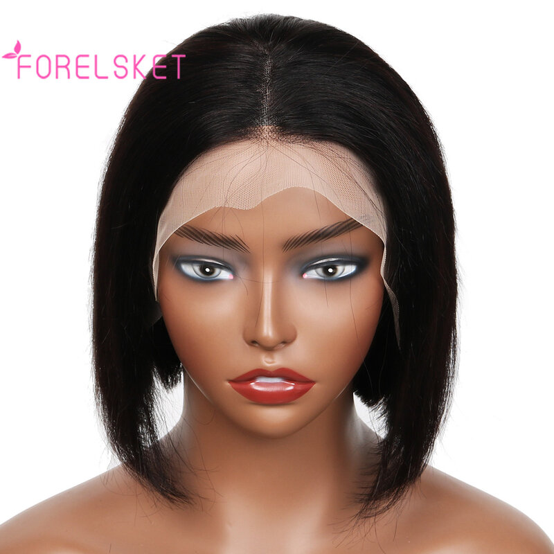 Peluca Bob corta de cabello humano para mujer, 13x4 HD, encaje Frontal transparente, 180% de densidad, Color Natural, 8 pulgadas