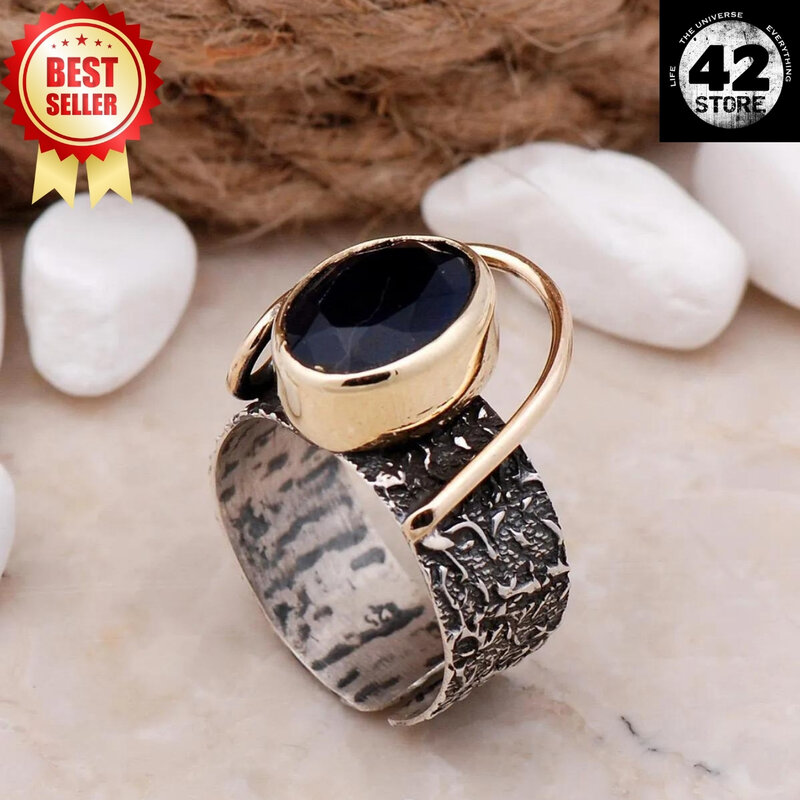 Hammer forged handcrafted adjustable unisex sapphire stone silver ring