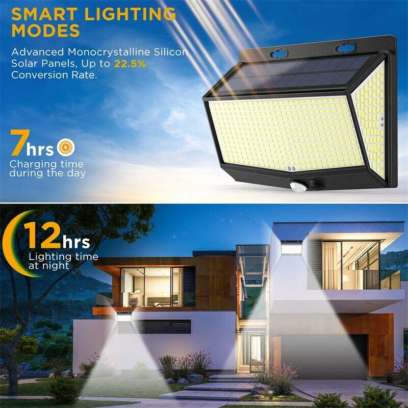 468 LED 태양광 조명, 인체 센서, 1200 루멘 태양광 벽 램프, IP65 야외 조명, 3 가지 모드 전원 햇빛 가로등