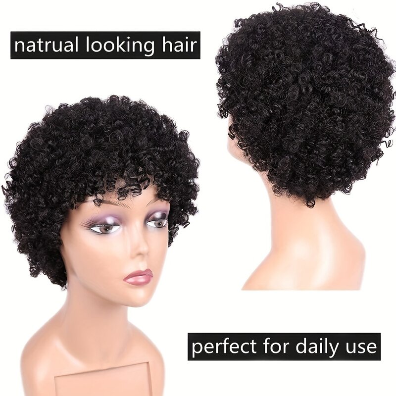 Парики из натуральных человеческих волос с челкой, короткие кудрявые афро-волосы 4 дюйма, срезанные челкой, черные афро кудрявые для женщин
