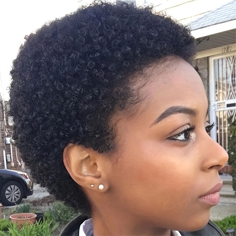 Peluca corta Afro rizada para mujer, cabello humano, corte Pixie, onda rizada Afro, cabello Remy, Color negro Natural, máquina completa