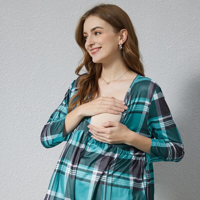 Blus ibu menyusui kotak-kotak baju menyusui baju hamil musim semi musim gugur baju wanita lengan panjang baju hamil ukuran besar