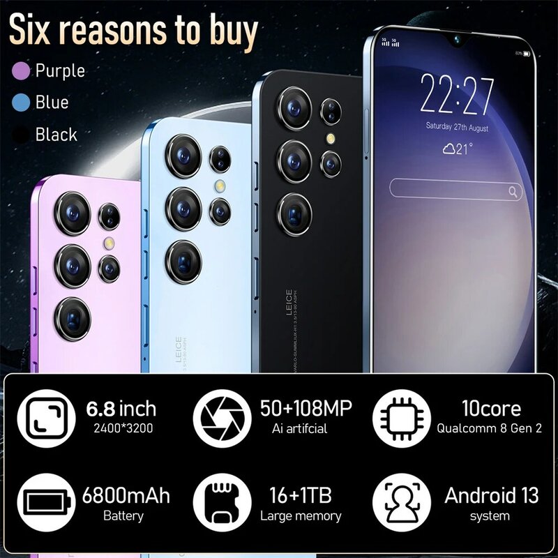 S24 Ultra + ponsel 6.8 layar HD, ponsel pintar Android asli 16 + 1T 5G Dual Sim tanpa kunci 108MP 6800mAh