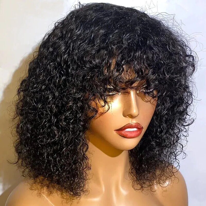 Peluca de cabello humano rizado con flequillo para mujeres negras, pelo corto Bob, ondulado profundo, sin pegamento, parte superior del cuero cabelludo brasileño, suelto