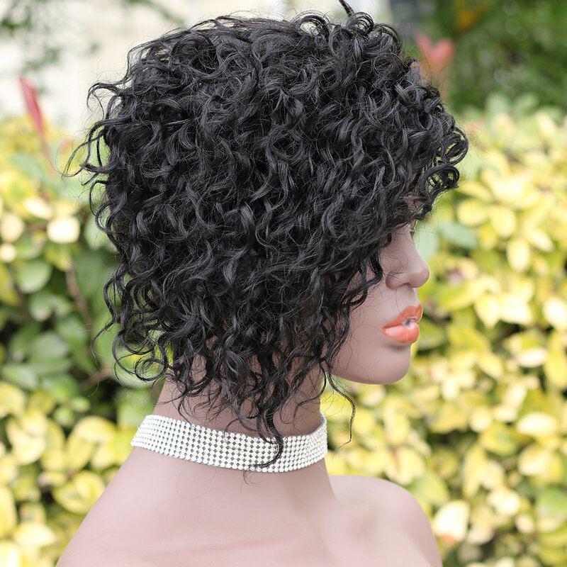 Curly Short Pixie Cut Fully Machine-made Human Hair Wig With Side Parted  100% Remy Human Hair Extension Wig Brazilian Hair