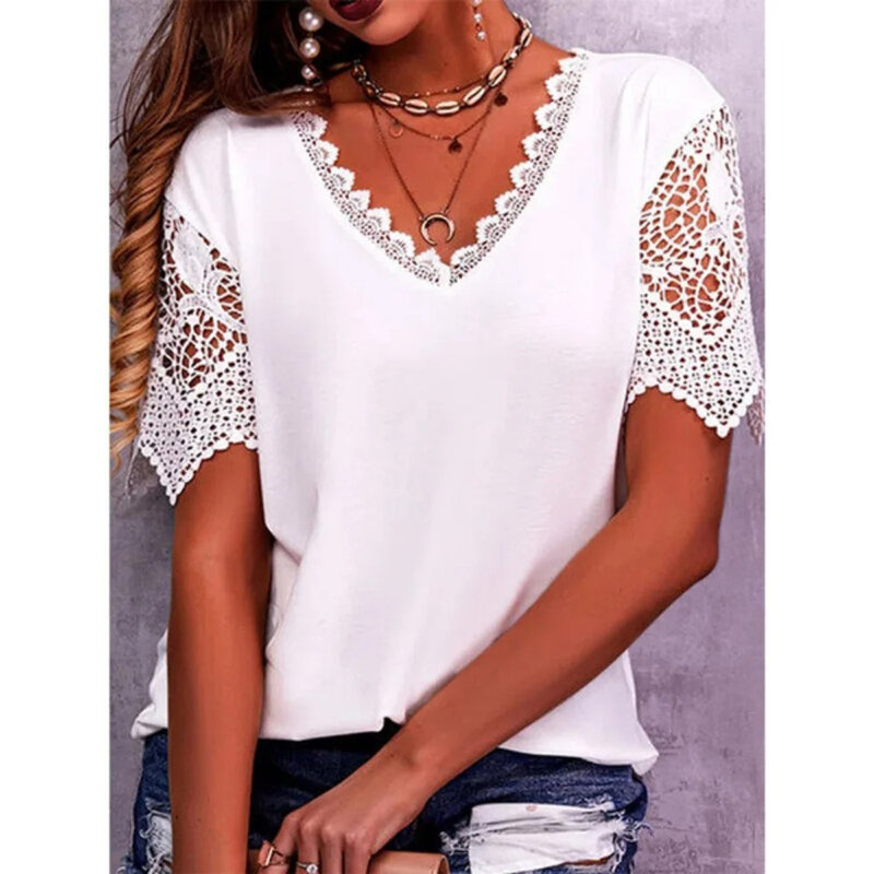Summer Vintage Lace Trendy Women T Shirts Casual Elegant Chic Oversized Blouses Tees Solid Color Streetwear Tops Women Clothing