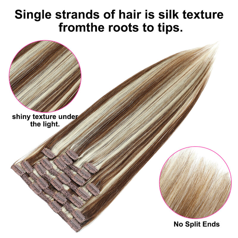Extensões de cabelo com grampo para mulheres, 100% cabelo humano, peruca reta, extensões de cabelo natural, cabeça cheia, cor ombre, 7PCs