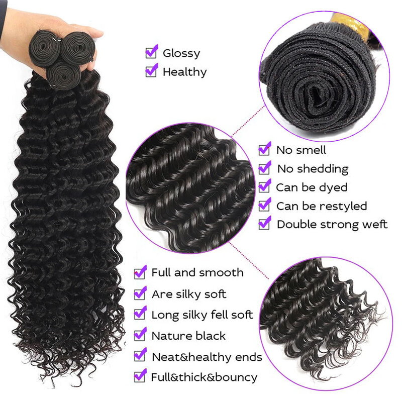 Deep Wave Human Hair Bundles with 13x4 Hd Lace Frontal with Bundles Human Hair Extensions Remy Hair for Women 30 Inch Weavings