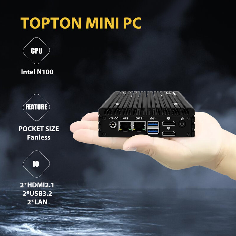 Topton-X86 Mini PC Fanless, Industrial, Soft Router, Firewall, PC do computador, Intel N200, Quad Core, 2x i226-V, 2.5G Nics, NVMe 2x, USB 3.2