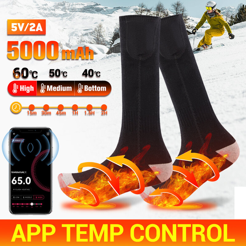 Calcetines térmicos con calefacción para hombre y mujer, medias eléctricas con Control por aplicación, para ciclismo, senderismo y esquí, 5000mah