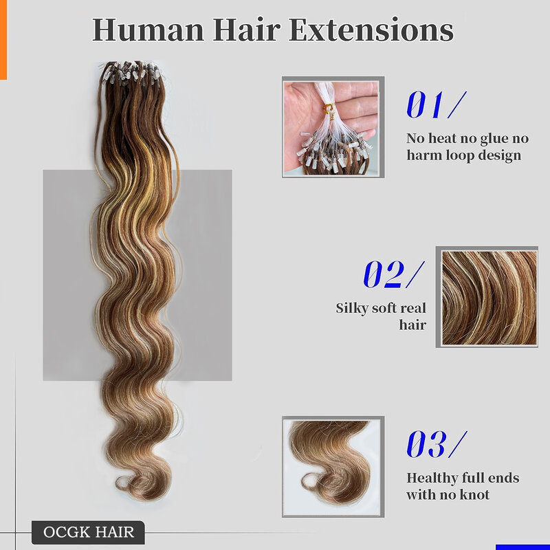 Ekstensi rambut balayage gelombang tubuh micro loop ekstensi rambut manusia asli Microlink ekstensi rambut sebelum terikat 50 buah/set