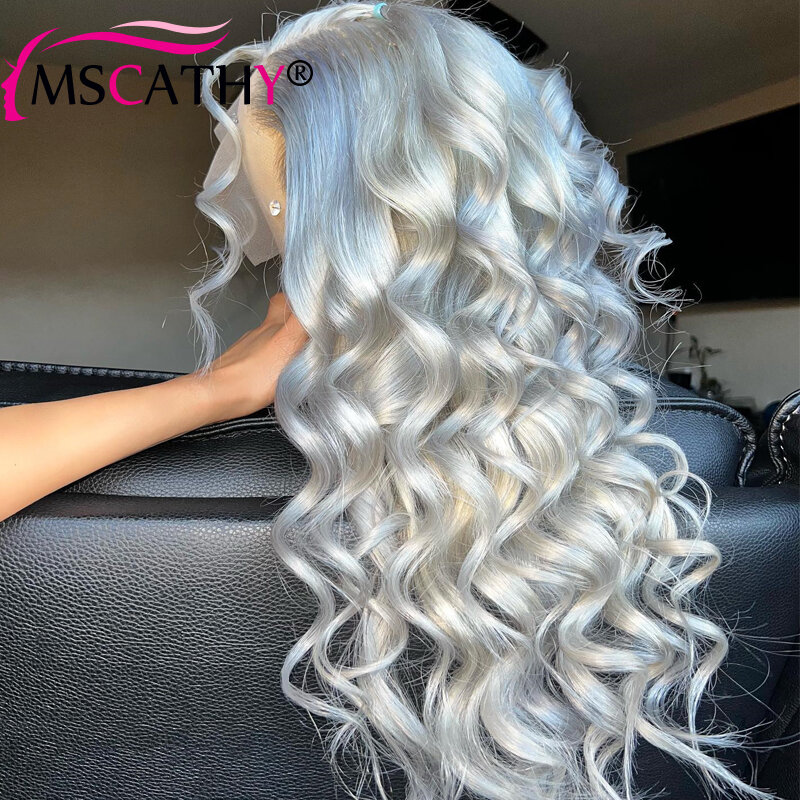 13x4 argento grigio colorato parrucche dell'onda del corpo parrucche frontali capelli umani per le donne parrucca anteriore in pizzo trasparente HD prepizzicato in vendita