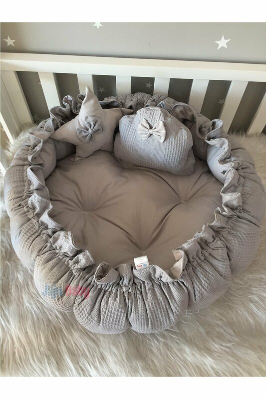 Tela de piqué gris hecha a mano, diseño combinado, Alfombra de juego retráctil, plegable, nido de bebé