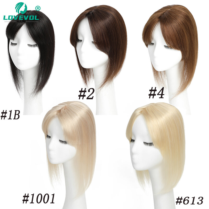 Lovevol-女性のためのbangを持つ人間の髪の毛のトッパー、自然な色のヘアピース、シルクベースクリップ、薄い髪、12x13cm