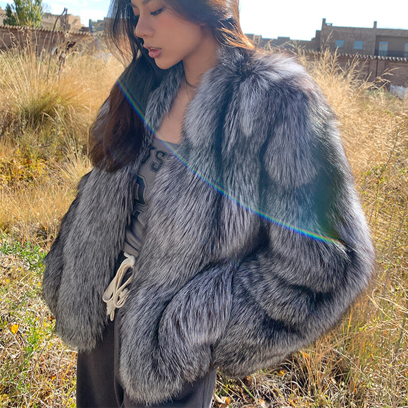 Abrigo de piel de zorro de plata Natural Real para mujer, chaqueta de lujo de alta calidad, manga larga, Invierno genuino