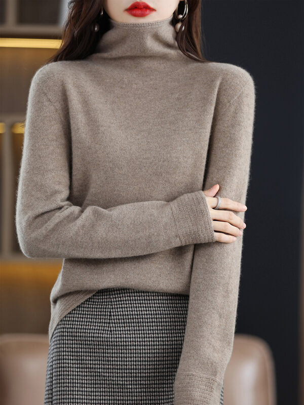 Suéter de gola alta Merino lã caxemira feminino, pulôver com gola alta empilhada manga longa, tops quentes de malha, outono inverno