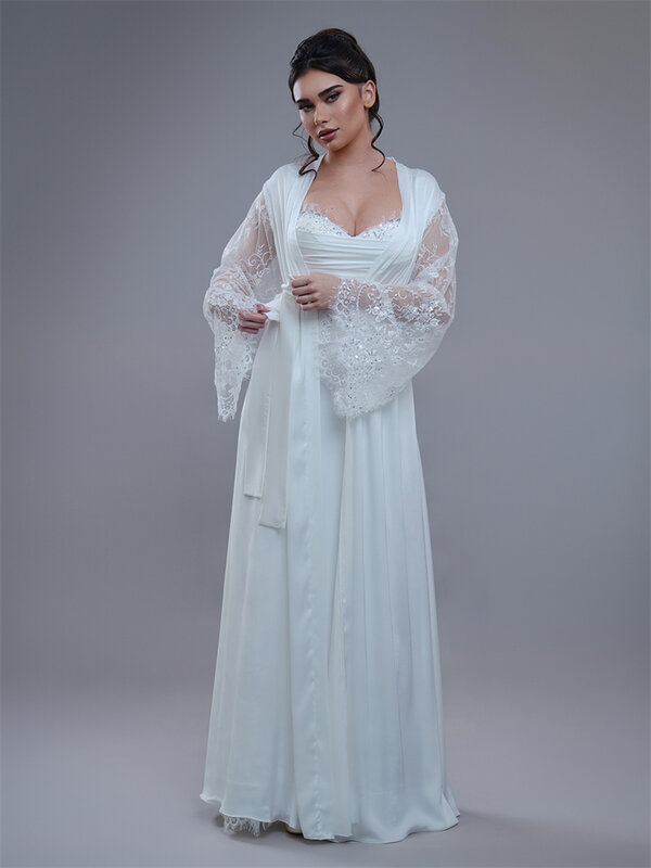 Elegante túnica de noiva com renda de duas peças para casamento, mangas sexy, tule macio, vestido de banho nupcial para mulheres, vestido de noite
