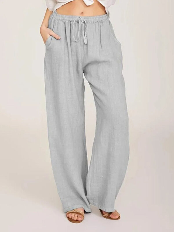 Pantalon en coton et lin pour femme, tenue décontractée, confortable, taille élastique, survêtement de plage, pantalon de salon, vêtements vintage