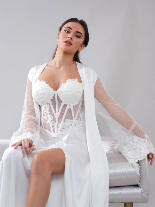 Real Photos Elegant Long Sleeves With Beaded Appliques Bride Robe For Wedding Bridal Shower Dress Women Night Gwons 2024