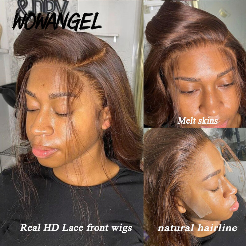 Wow Angel-Peluca de cabello humano liso con malla frontal para mujer, postizo de color marrón Chocolate 13x6 HD, sin pegamento, piel fundida