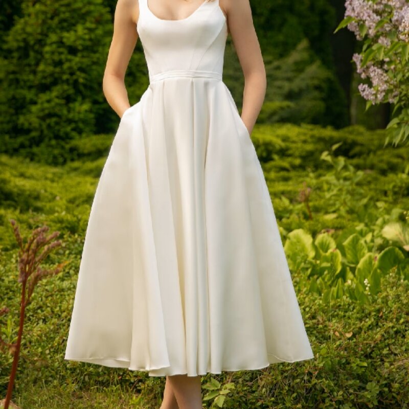 Semplici abiti da sposa a metà polpaccio colletto tondo canotta abiti da sposa a-line elegante abito da sposa abiti Para Mujer
