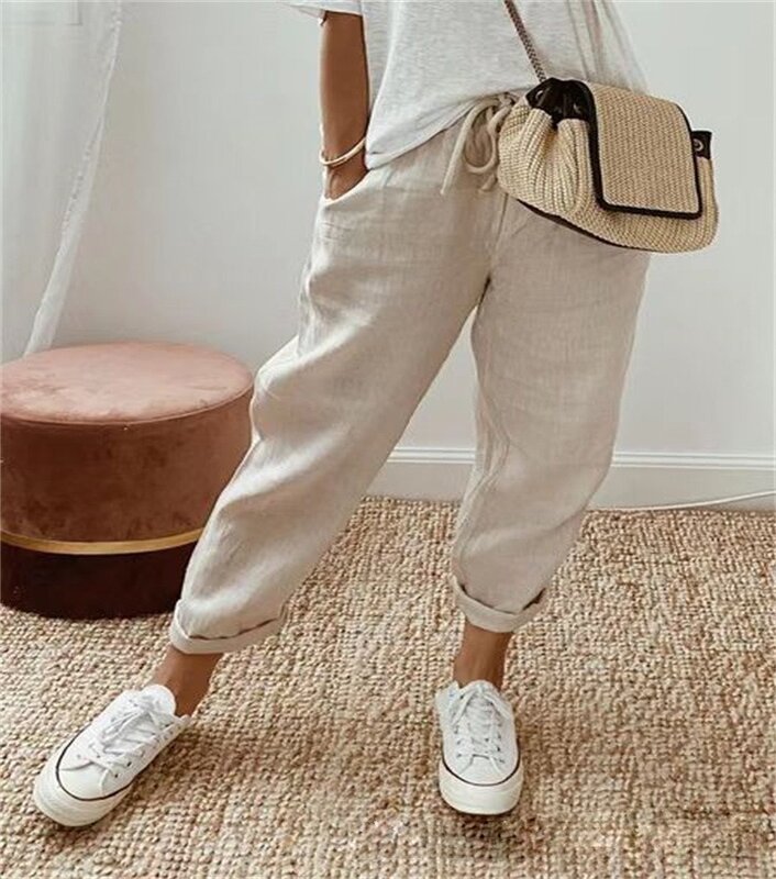 Spring Summer Cotton Linen Pants Women's Solid Elastic High Wasit Lace Up Pockets trouser Ladies Loose-fitting Nine Points Pants
