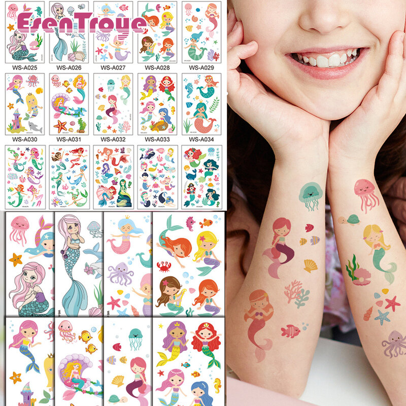 Autocollants de tatouage temporaire sirène pour enfants, dessin animé mignon, animal océanique, décor de fête princesse sirène, cadeaux de maquillage pour enfants