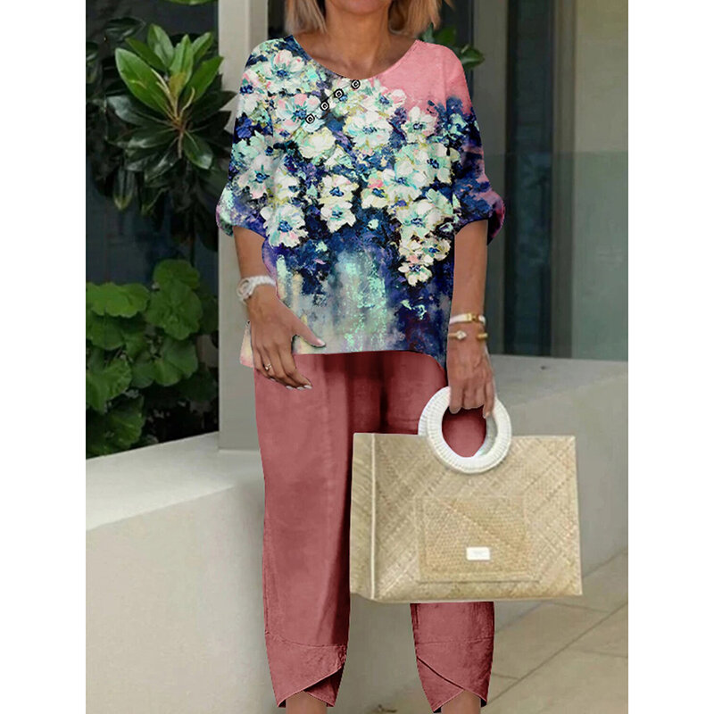 New Elderly Women's Summer Two Piece Suit Grandma Clothes Middle Aged Mother Half Sleeve Shirt Long Pant Female Outfit Plus Size