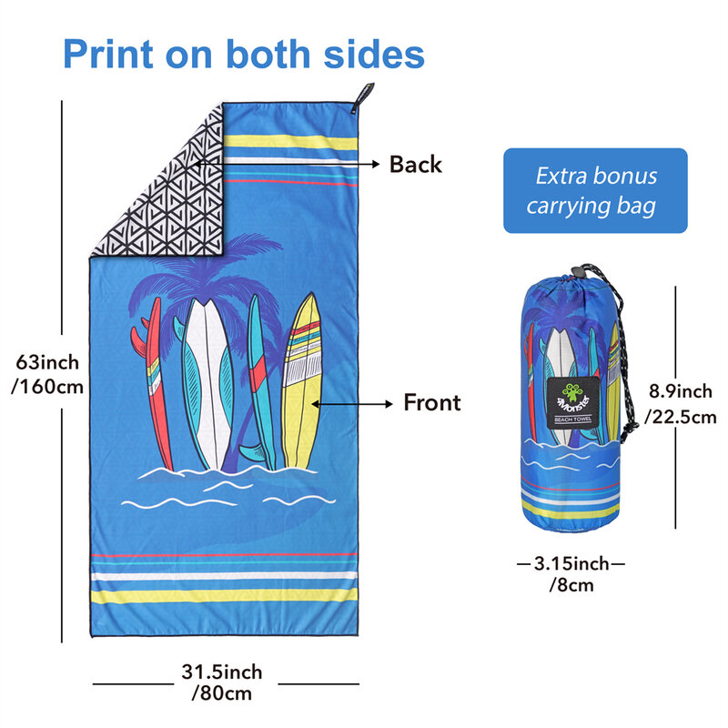 Surf microfiber impresso areia livre toalha de praia, terno para natação, ciclismo, equitação, esportes ao ar livre