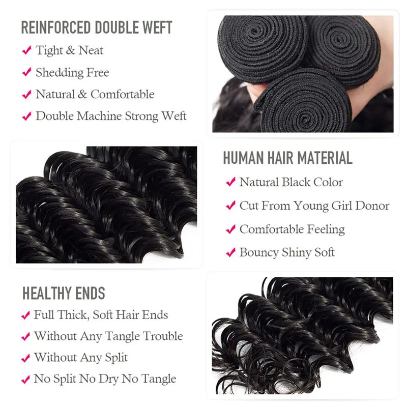 Bundles de cheveux humains bouclés Deep Wave pour femmes, dentelle transparente 13x4, extension brésilienne, tissage, 3 faisceaux avec fermeture