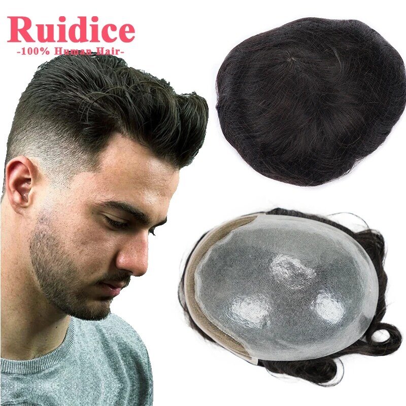 Real European Human Hair Men Toupee Wig Fine Mono Toupee For Men Natural Hairline Hairpieces PU System Men Replacement System