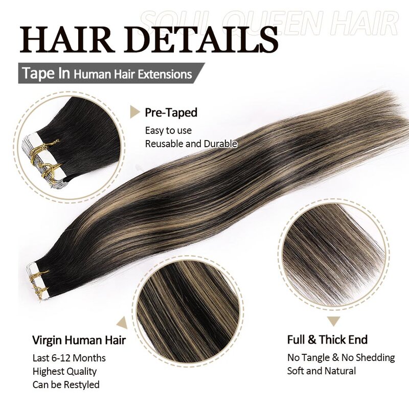 Human Hair Extensions Tape in Balayage Natural Black to Light Blonde Remy Human Hair 20pcs 50g Tape in Hair Extensions for Women